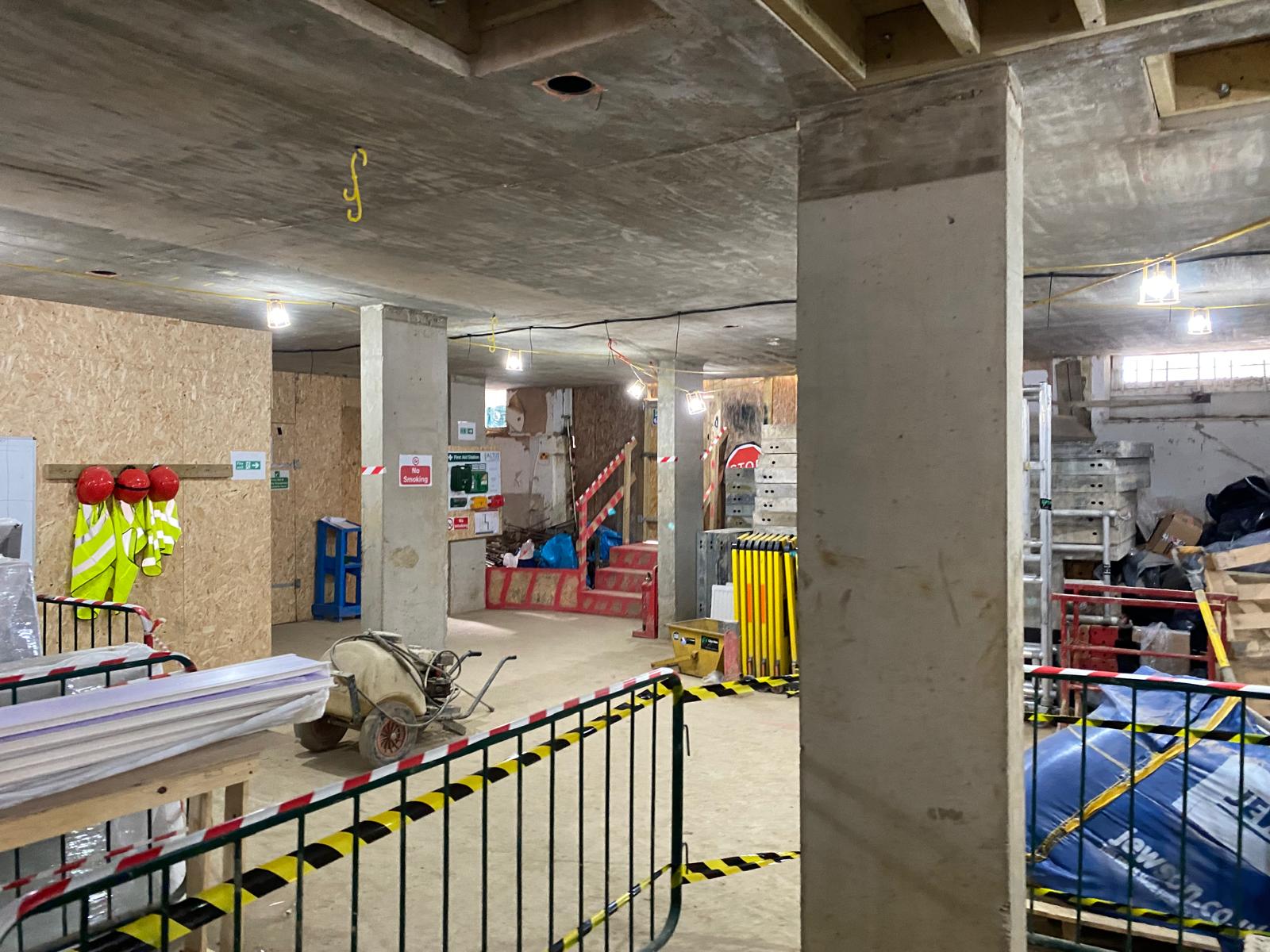 Basement fit out underway, with site welfare set up.