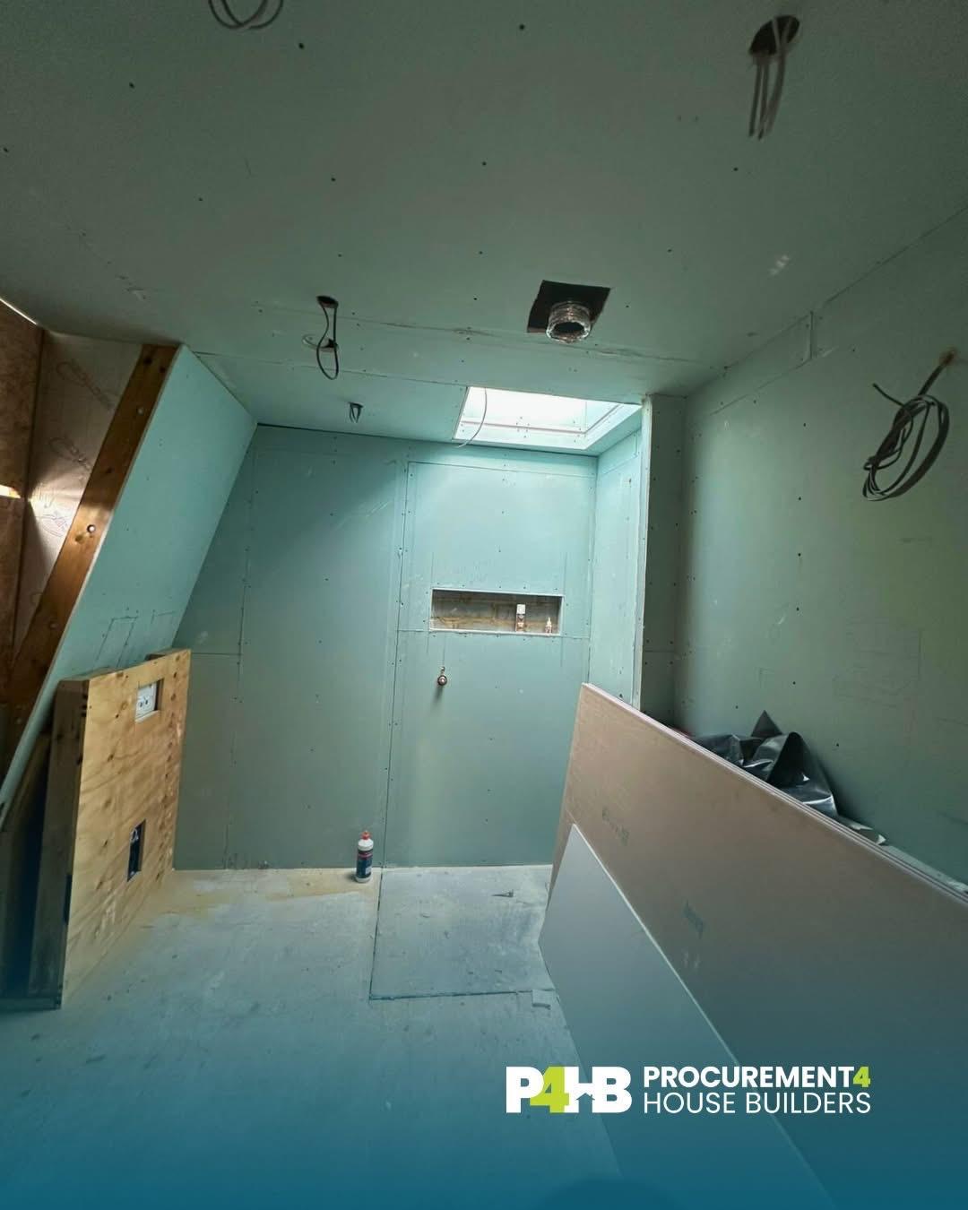 Bathroom first fix, boarding and service installation underway.