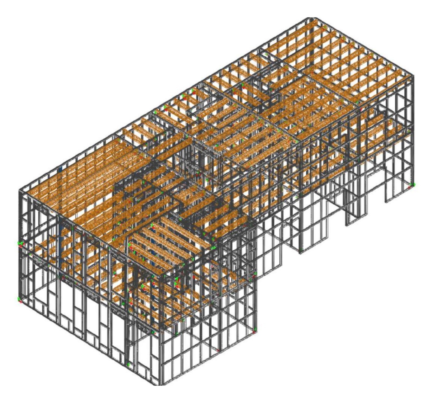 Anonymised three dimensional LGSF structural model showing wall frames, floor zones and roof framing